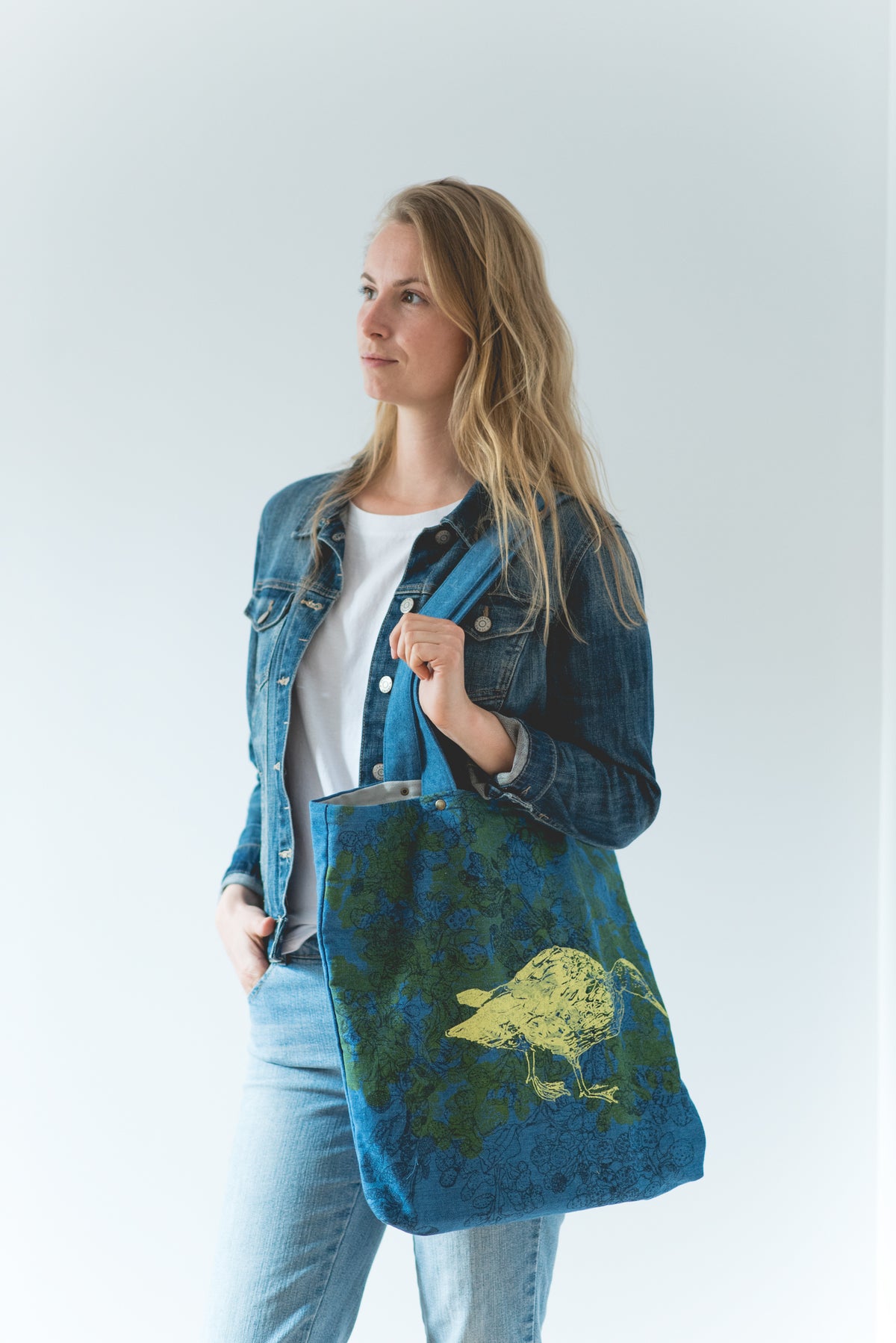 Sac fourre-tout jeans bleu pâle imprimé canard